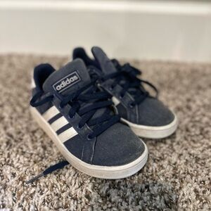 Adidas blue stripe toddler shoes size 11.5